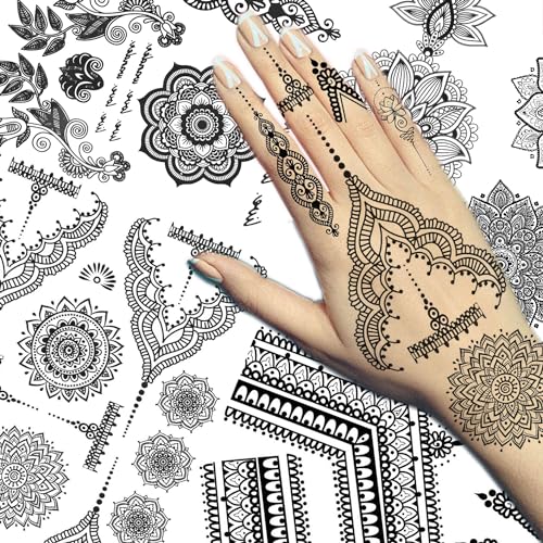 Bilizar Vintage India Sexy Hands Temporary Tattoos For Women Finger Girls Adults, 4 Sheets Bohemia Lace Black Lotus Mandala Flower Fake Jewels Tattoo Sticker Kits Stencils, Party Favor Supplies Decoration - Image 2