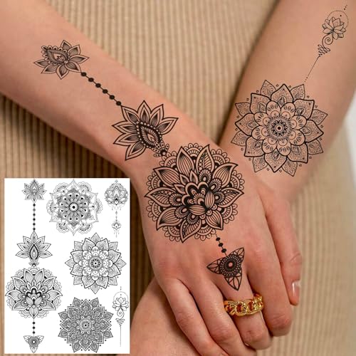 Bilizar Vintage India Sexy Hands Temporary Tattoos For Women Finger Girls Adults, 4 Sheets Bohemia Lace Black Lotus Mandala Flower Fake Jewels Tattoo Sticker Kits Stencils, Party Favor Supplies Decoration - Image 4