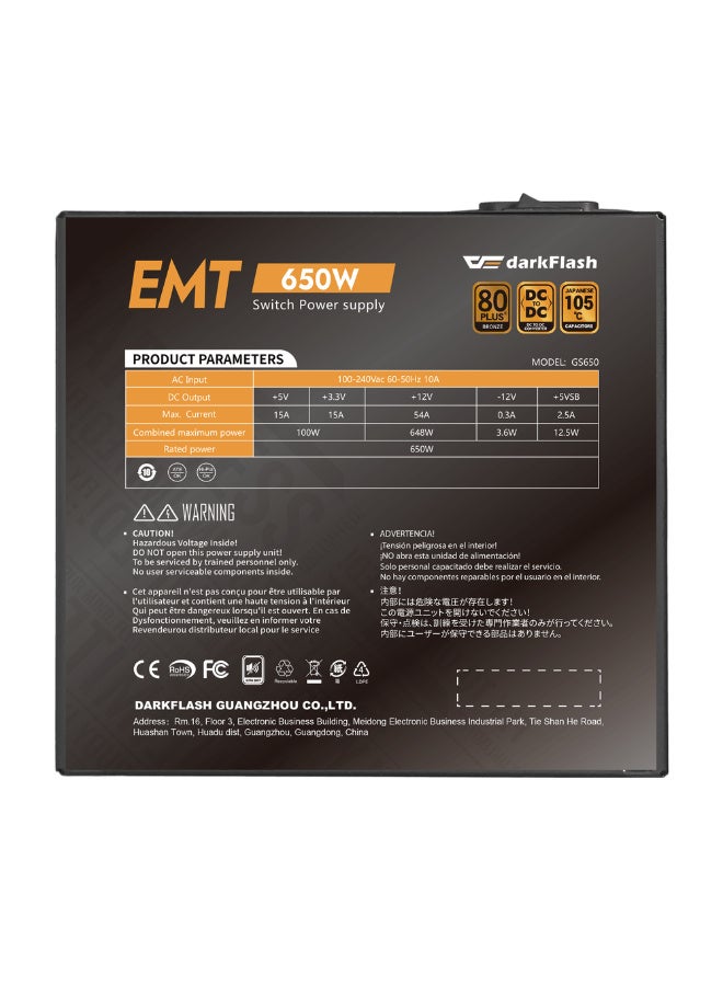 دارك فلاش مصدر طاقة darkFlash EMT650 غير معياري، حاصل على شهادة 80 Plus Bronze، بقدرة 650 واط - Image 4