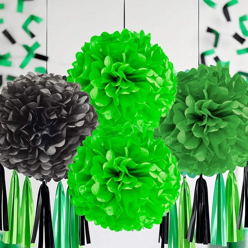 Capesaro Black Green Tissue Paper Pom Poms, 12PCS Tissue Paper Flowers Soccer Video Game Decorations Football Party Supplies Birthday Boys Party Graduation Decorations - Image 3