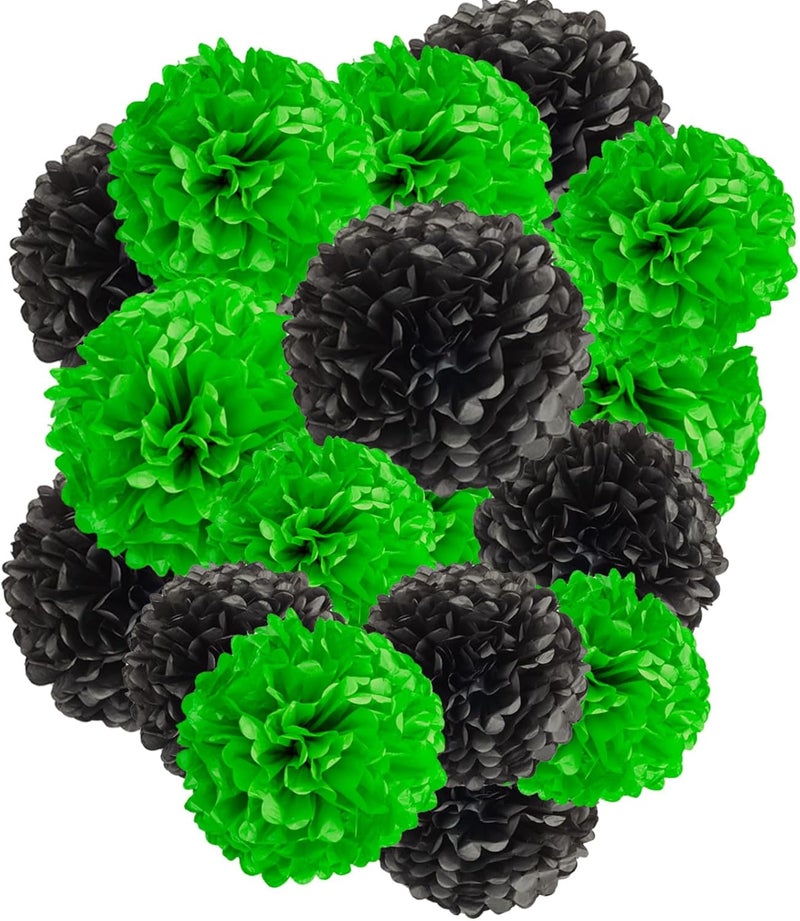 Capesaro Black Green Tissue Paper Pom Poms, 12PCS Tissue Paper Flowers Soccer Video Game Decorations Football Party Supplies Birthday Boys Party Graduation Decorations - Image 1