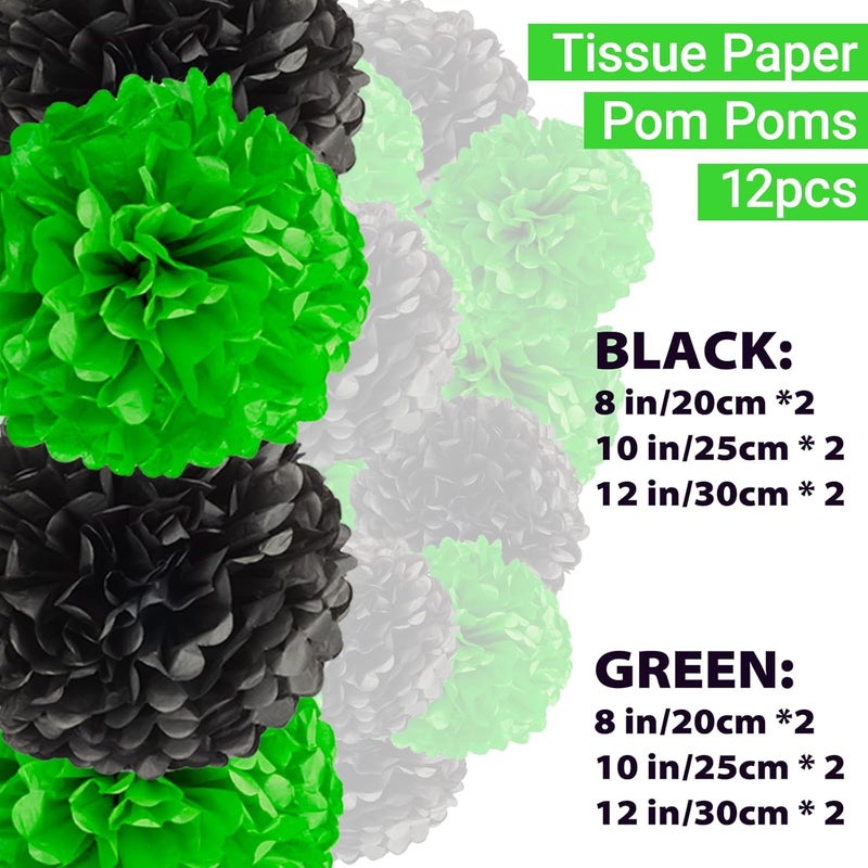 Capesaro Black Green Tissue Paper Pom Poms, 12PCS Tissue Paper Flowers Soccer Video Game Decorations Football Party Supplies Birthday Boys Party Graduation Decorations - Image 2