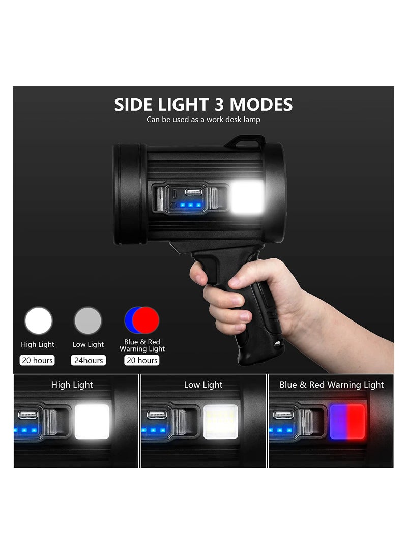 Rechargeable Super Bright 1700 High Lumens LED Spot Lights, Handheld Flashlight Large Solar Searchlight with Cob Light, 6 Modes, 4 Color Light, IPX5 Waterproof for Hunting Camping - Image 2