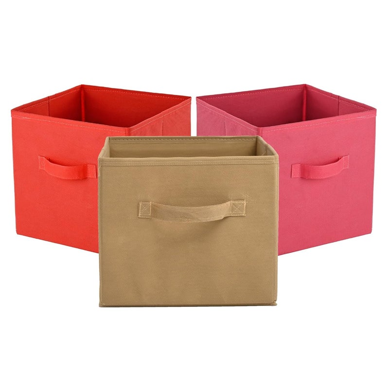 Kuber Industries Pack of 3 Square Foldable Multipurpose Wardrobe Storage Organizer for Home Portable CupboardCloset Organiser Storage Box for Clothes Toys Pink Red Beige - Image 1