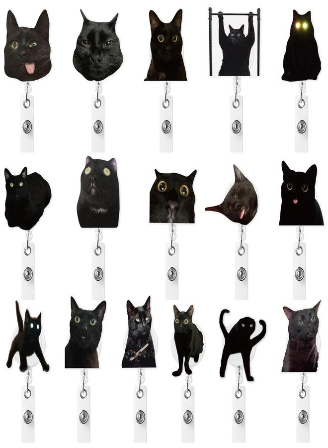 Eartim Black Cat Meme Badge Reel - 16Pcs Funny Meme Cat Acrylic Retractable ID Badge with Metal Clip Cute Animal Name Tag Holder for Kid Nurse Pet Lover Office Staff Student Birthday Gift Party Supply - Image 1