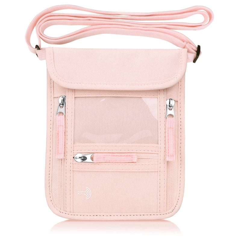 WALNEW Passport Holder Neck Pouch Travel Wallet for Women and Men, RFID Blocking Security Slim Traveling Wallet with Around Neck Lanyard Strap, Pink - Image 1