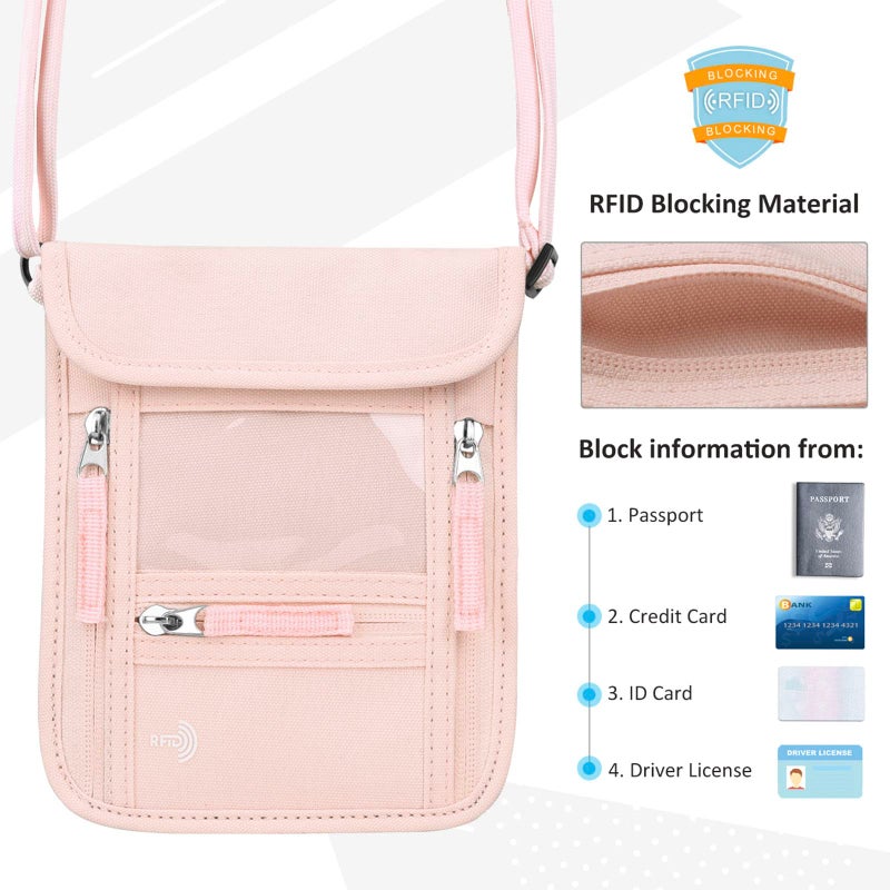 WALNEW Passport Holder Neck Pouch Travel Wallet for Women and Men, RFID Blocking Security Slim Traveling Wallet with Around Neck Lanyard Strap, Pink - Image 3