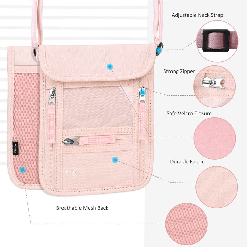 WALNEW Passport Holder Neck Pouch Travel Wallet for Women and Men, RFID Blocking Security Slim Traveling Wallet with Around Neck Lanyard Strap, Pink - Image 5