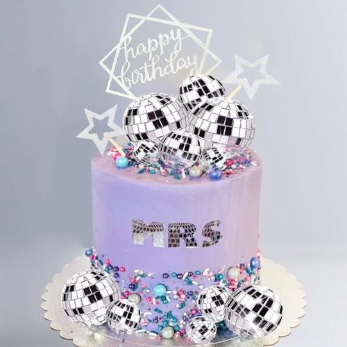SONICEBUY 33Pcs Disco Ball Cake Toppers Silver Disco Balls Cake Decorations with Mirror Balls Happy Birthday Cake Topper and Star Cake Toppers for 70s 80s Disco Music Dance Themed Party Decorations Supplies - Image 1