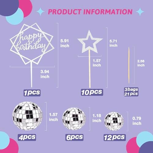 SONICEBUY 33Pcs Disco Ball Cake Toppers Silver Disco Balls Cake Decorations with Mirror Balls Happy Birthday Cake Topper and Star Cake Toppers for 70s 80s Disco Music Dance Themed Party Decorations Supplies - Image 2