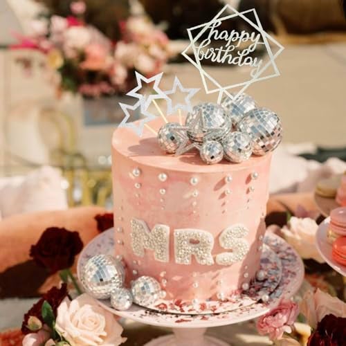SONICEBUY 33Pcs Disco Ball Cake Toppers Silver Disco Balls Cake Decorations with Mirror Balls Happy Birthday Cake Topper and Star Cake Toppers for 70s 80s Disco Music Dance Themed Party Decorations Supplies - Image 3