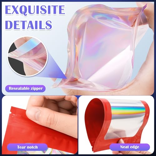 JETMORE 100 Pcs Mylar Bags, Smell Proof Bags Foil Pouch, Holographic Resealable Bags for Small Business, Candy Sample Jewelry Bag Sealable Packaging for Party Favor Food Storage (2.8x3.9in-Red) - Image 5