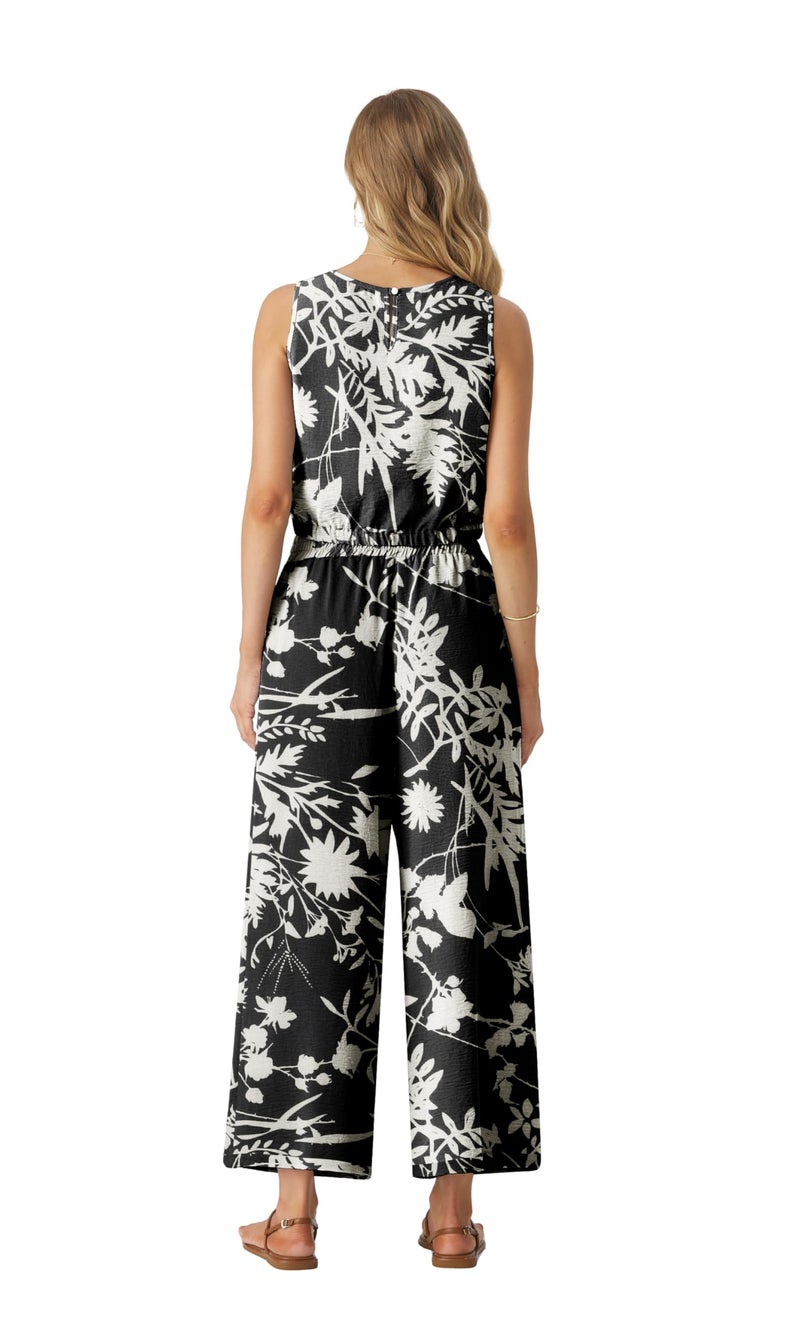 GRECERELLE 2 Piece Sets for Women Summer Resort Wear for Women 2026 Sleeveless Crop Top Wide Leg Pants Sweat Set FP Black White Branch-M - Image 3
