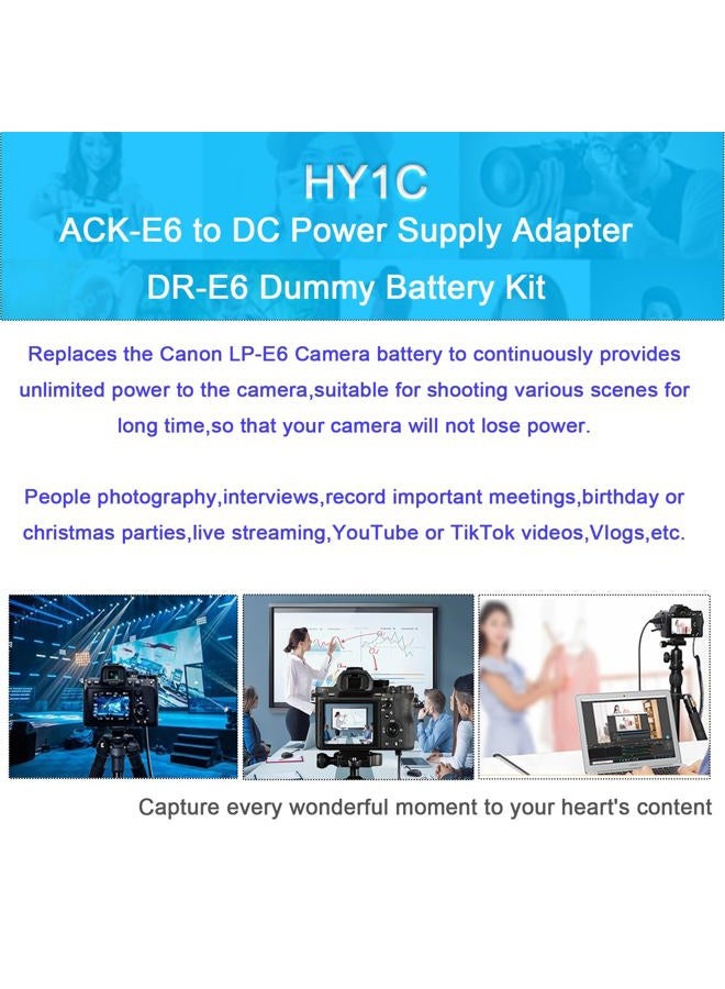 HY1C ACK-E6 AC Power Adapter LP-E6/LPE6N/LPE6NH Dummy Battery Kit for Canon EOS R, R5, R6, R7, 5D Mark III IV, 6D, 7D, R6 5D 6D 7D Mark II, 90D 80D 70D Cameras. - Image 4