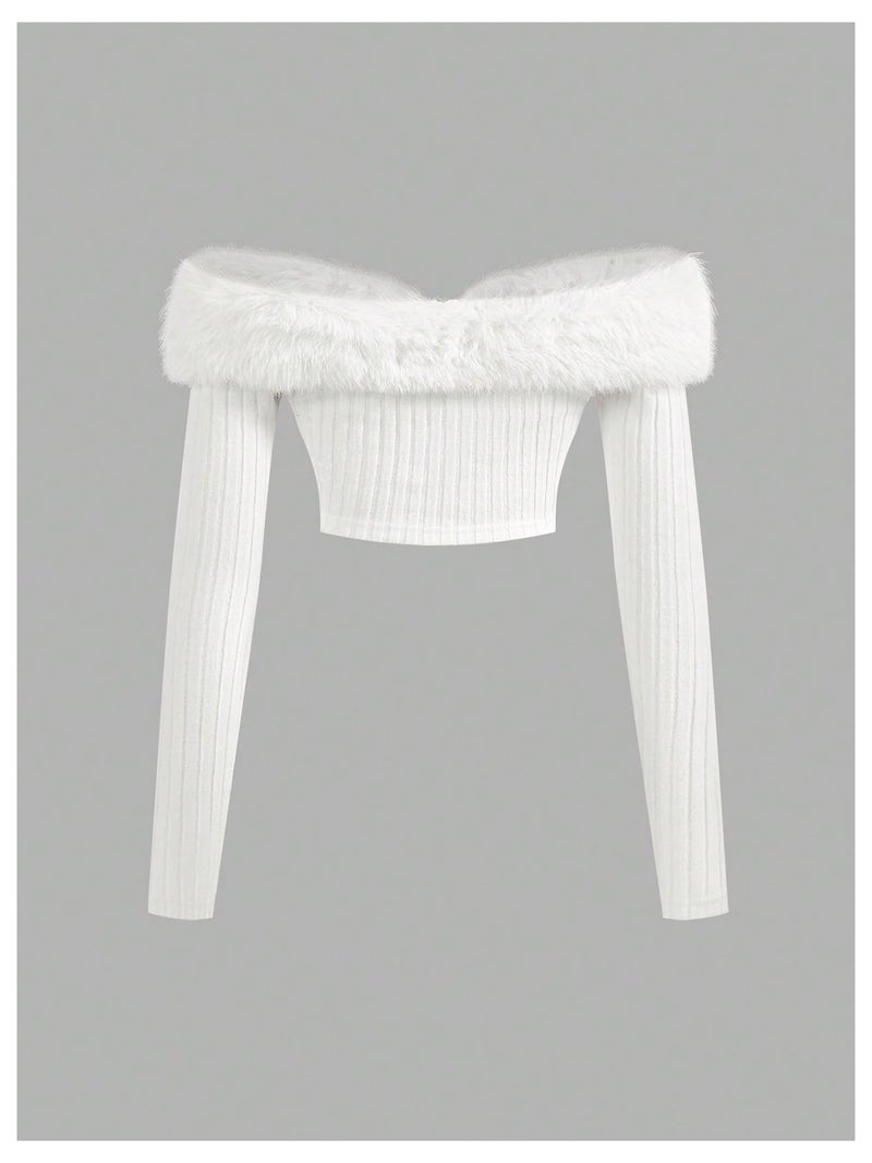 WDIRARA Women's Faux Fur Off Shoulder Crop Coat Zip Up Fuzzy Jackets Long Sleeve Knitted Outerwear White Large - Image 2