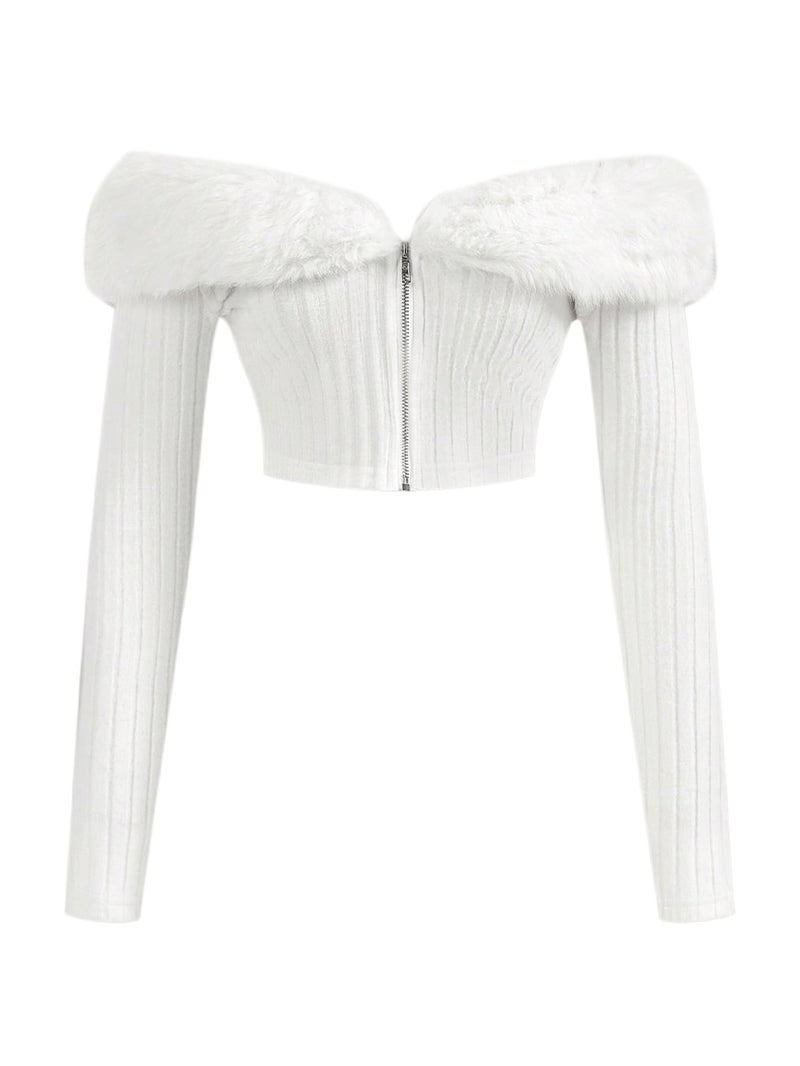 WDIRARA Women's Faux Fur Off Shoulder Crop Coat Zip Up Fuzzy Jackets Long Sleeve Knitted Outerwear White Large - Image 1