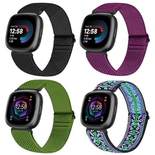Vodtian 4 Pack Elastic Bands Compatible for Fitbit Versa 4/3 / Sense 2, Adjustable Nylon Stretchy Replacement Sport Loop Straps for Women Men - Image 1