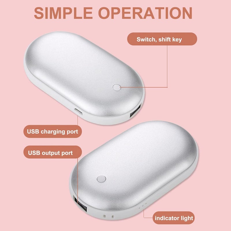 ويوبلز مدفأة يدوية قابلة لإعادة الشحن، مدفأة يدوية قابلة لإعادة الاستخدام عبر منفذ USB، بنك طاقة 5000 مللي أمبير، مدفأة يدوية كهربائية محمولة سريعة التسخين، تصل درجة حرارتها إلى 50 درجة مئوية، بنك طاقة محمول، هدية شتوية مثالية للنساء والرجال (فضي) - Image 5