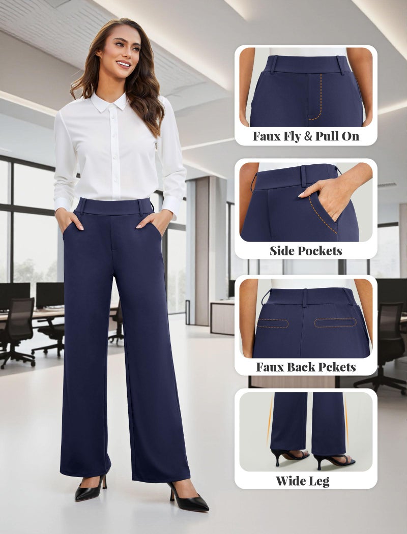 FireSwan Women's Wide Leg Dress Pants High Waisted Stretchy Work Trousers Business Casual Office Pull on Slacks with Pockets Navy - Image 5