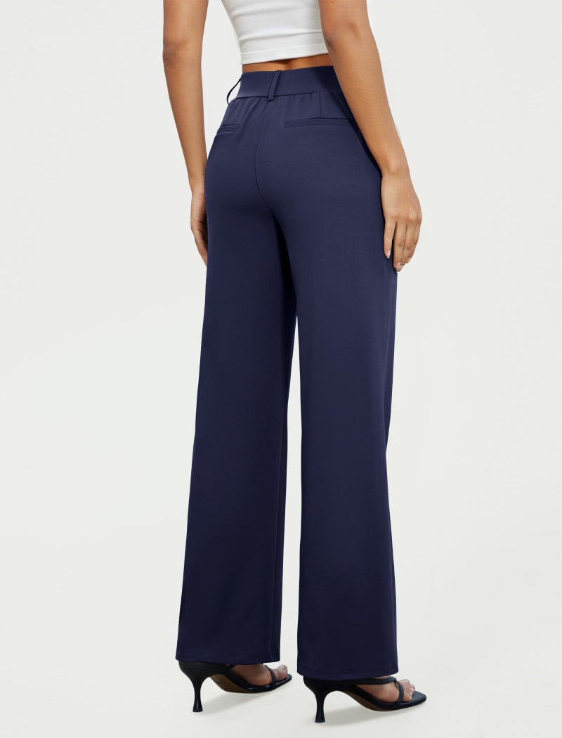 FireSwan Women's Wide Leg Dress Pants High Waisted Stretchy Work Trousers Business Casual Office Pull on Slacks with Pockets Navy - Image 2