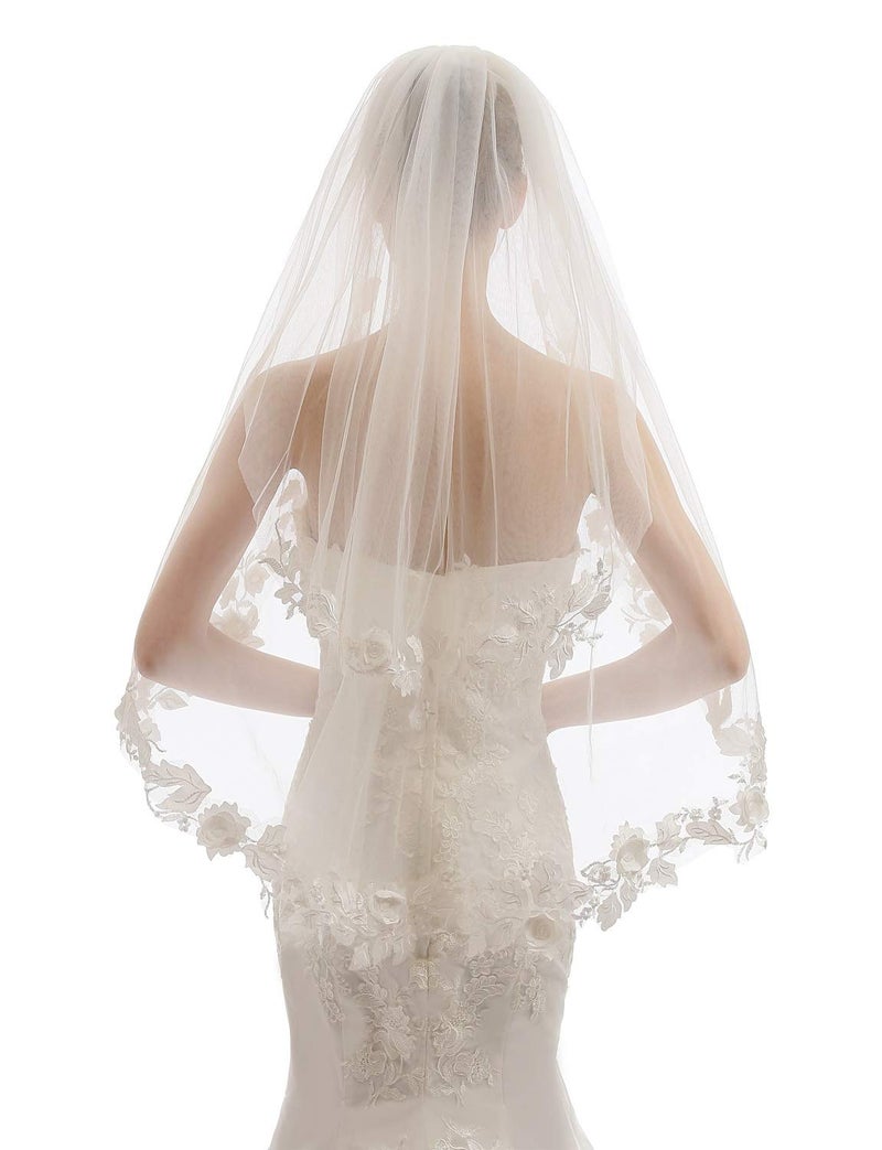 ELAWBTY Womens 2 Tier Fingertip Length Short Lace Wedding Bridal Veil With Comb X23 Ivory - Image 4