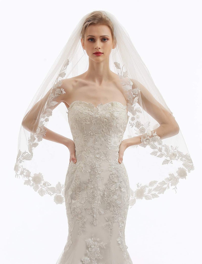 ELAWBTY Womens 2 Tier Fingertip Length Short Lace Wedding Bridal Veil With Comb X23 Ivory - Image 3