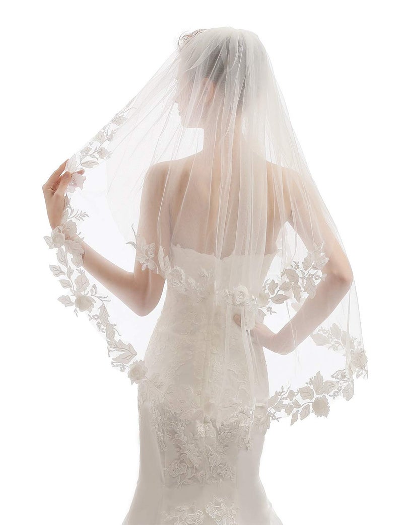 ELAWBTY Womens 2 Tier Fingertip Length Short Lace Wedding Bridal Veil With Comb X23 Ivory - Image 1
