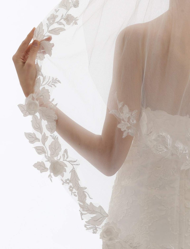ELAWBTY Womens 2 Tier Fingertip Length Short Lace Wedding Bridal Veil With Comb X23 Ivory - Image 5