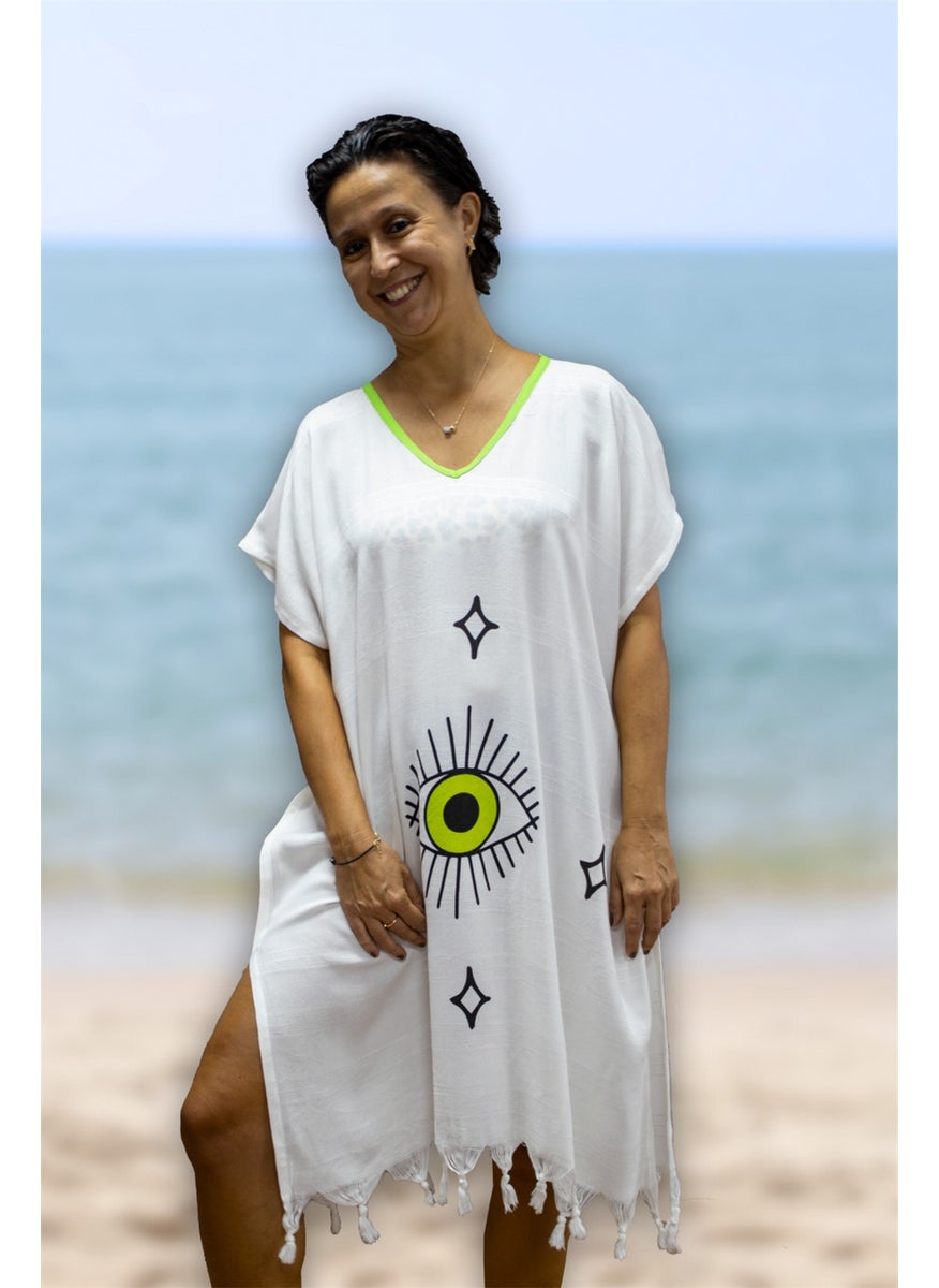class Beach Dress Viscose Cotton Piping Eye Pattern S-M  - Image 2