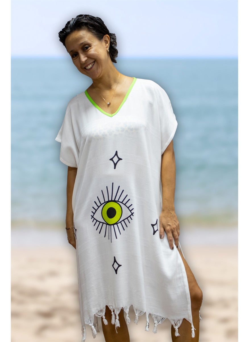 class Beach Dress Viscose Cotton Piping Eye Pattern S-M  - Image 3