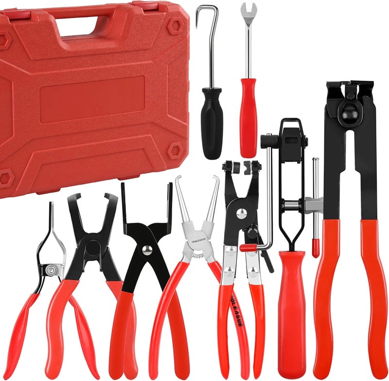 TOOLEAGUE 9Pcs Fuel Line Disconnect Pliers Set,9" Fuel Filter Caliper, Removal/CV Joint Boot Clamp/Flat Hose Clamp/30 Degree Disconnect Pliers Set for Auto Maintenance with Storage Case - Image 1