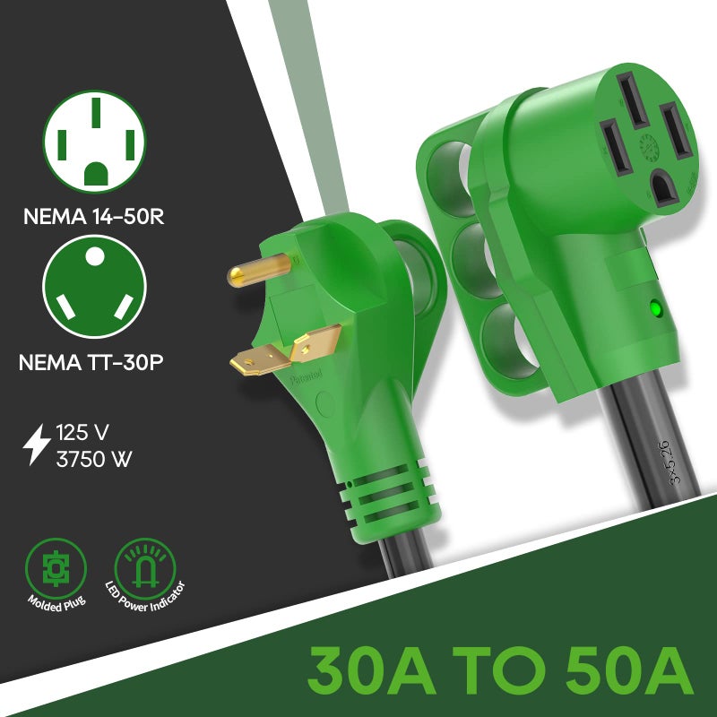 RVGUARD محول RVGUARD من 30 أمبير إلى 50 أمبير لكابل RV بطول 12 بوصة، NEMA TT-30P إلى NEMA 14-50R، محول كهربائي على شكل عظمة الكلب مع مؤشر طاقة LED ومقبض فصل، أخضر، مدرج في ETL - Image 3