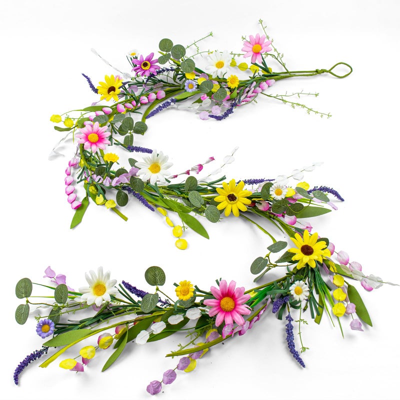 Yawwind Farmhouse Spring Garland 6 FT Vintage Spring Flower Garlands Summer Floral Garland Wildflower Garlands with Daisy for Table Centerpiece Door Frame Mantel Stairs Railing Decoration - Image 1
