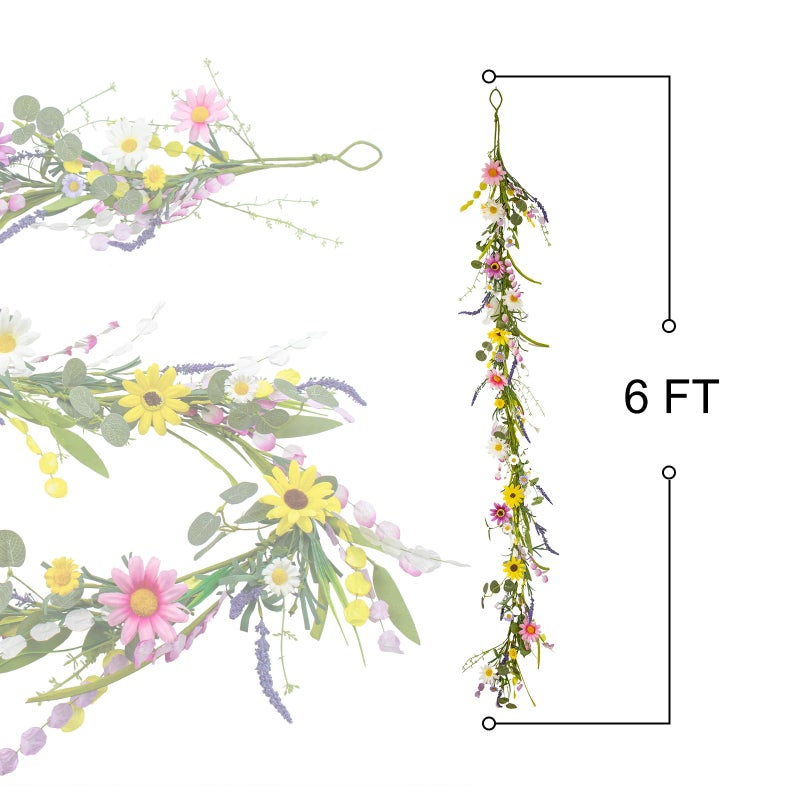 Yawwind Farmhouse Spring Garland 6 FT Vintage Spring Flower Garlands Summer Floral Garland Wildflower Garlands with Daisy for Table Centerpiece Door Frame Mantel Stairs Railing Decoration - Image 5