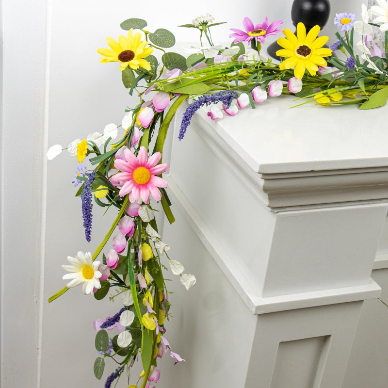 Yawwind Farmhouse Spring Garland 6 FT Vintage Spring Flower Garlands Summer Floral Garland Wildflower Garlands with Daisy for Table Centerpiece Door Frame Mantel Stairs Railing Decoration - Image 3