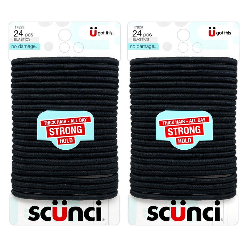 Scunci Thick Hair Black Elastics, All day strong hold No-Damage, 5mm thickness, 24-Pieces per pack (2-Pack) - Image 1