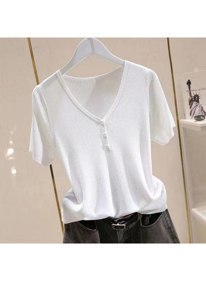 VUELO Ice Silk Short-sleeved T-shirt Women's Knitted Sweater Autumn New Fashionable All-match Thin V-neck Slim Base Top For Outer Wear 