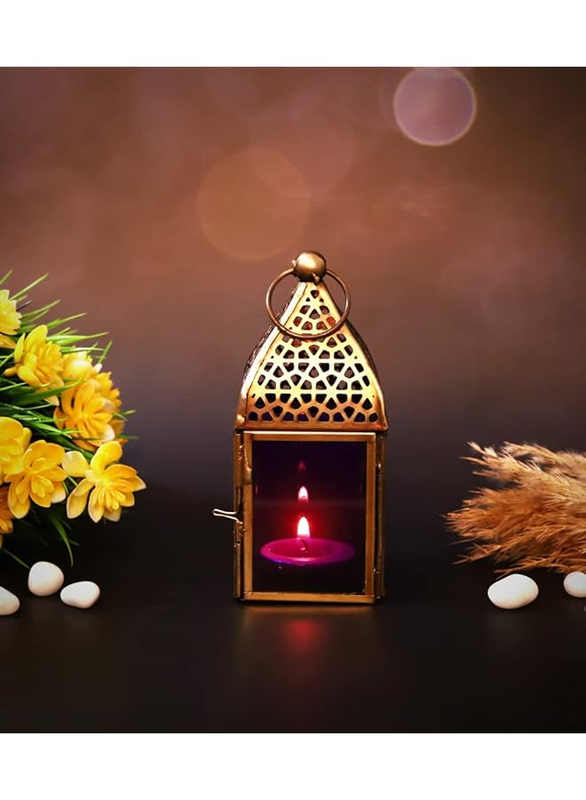 erorex Handmade Decorative Candle Lantern Small Suitable For Indoor And Outdoor Décor Moroccan Arabian Style For Home Decoration In Ramadan Eid Iron Islamic Gift Purple Glass - Image 2