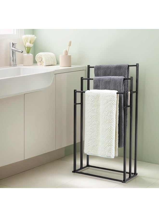 SKY-TOUCH حامل مناشف معدني ثلاثي الطبقات قائم بذاته للتجفيف والتخزين وعرض المناشف للحمام وحوض الاستحمام وحافة المسبح - القاعدة 44x21.5 سم الارتفاع 66/76/86 سم (86 * 44 * 21 سم) أسود - Image 3