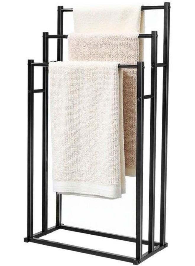 SKY-TOUCH حامل مناشف معدني ثلاثي الطبقات قائم بذاته للتجفيف والتخزين وعرض المناشف للحمام وحوض الاستحمام وحافة المسبح - القاعدة 44x21.5 سم الارتفاع 66/76/86 سم (86 * 44 * 21 سم) أسود - Image 1
