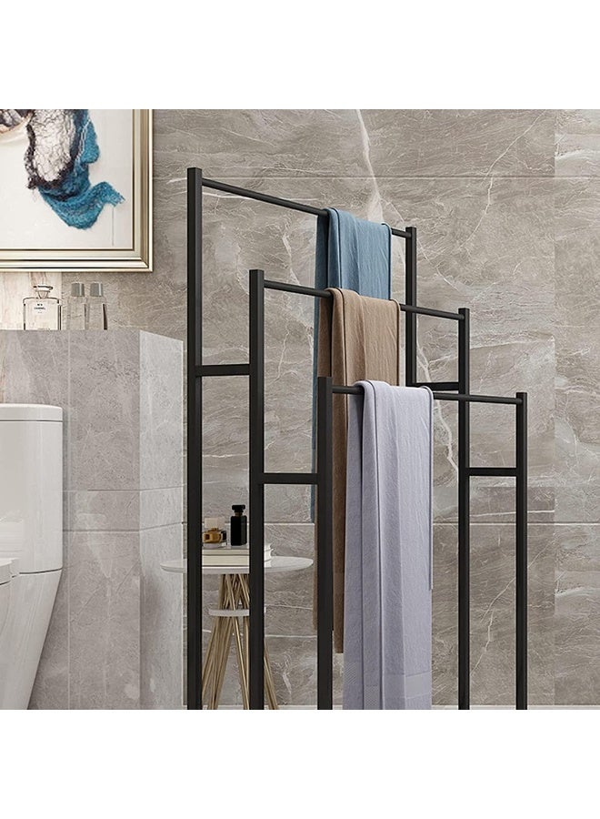 SKY-TOUCH حامل مناشف معدني ثلاثي الطبقات قائم بذاته للتجفيف والتخزين وعرض المناشف للحمام وحوض الاستحمام وحافة المسبح - القاعدة 44x21.5 سم الارتفاع 66/76/86 سم (86 * 44 * 21 سم) أسود - Image 5