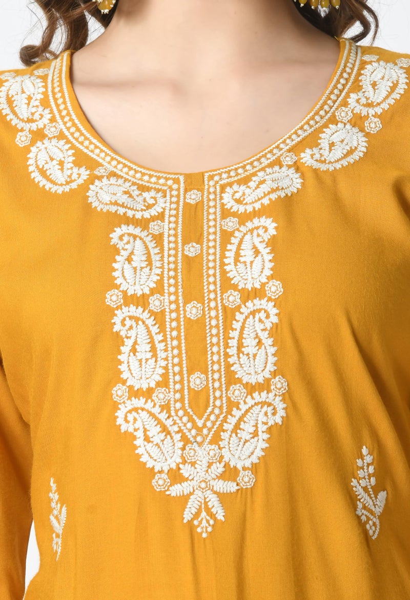 LIBOZA Store LIBOZA Kurta for Women – Lakhnowi Chikankari Embroidered Ladies Kurti, Stylish Girls Top, Ethnic Full Kurtas, Straight Design Kurtis for Woman Mustard Yellow - Image 5