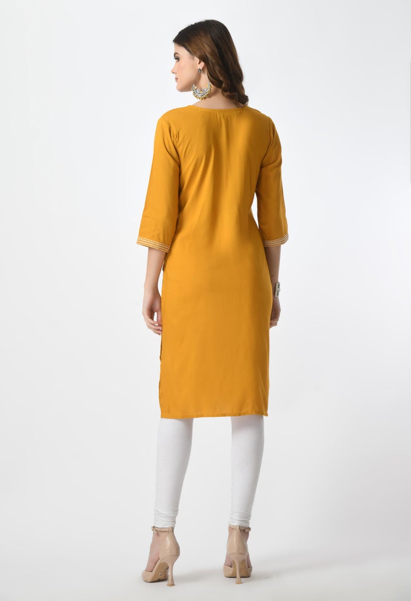 LIBOZA Store LIBOZA Kurta for Women – Lakhnowi Chikankari Embroidered Ladies Kurti, Stylish Girls Top, Ethnic Full Kurtas, Straight Design Kurtis for Woman Mustard Yellow - Image 2