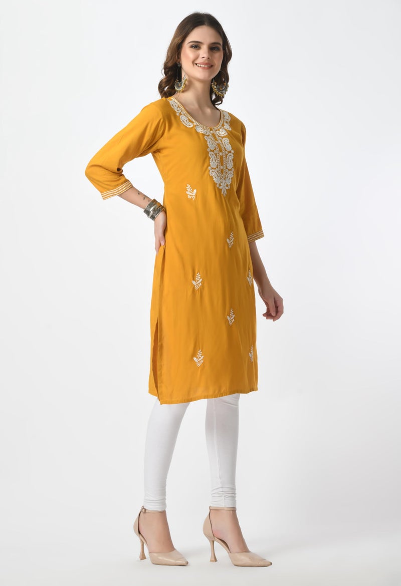 LIBOZA Store LIBOZA Kurta for Women – Lakhnowi Chikankari Embroidered Ladies Kurti, Stylish Girls Top, Ethnic Full Kurtas, Straight Design Kurtis for Woman Mustard Yellow - Image 4