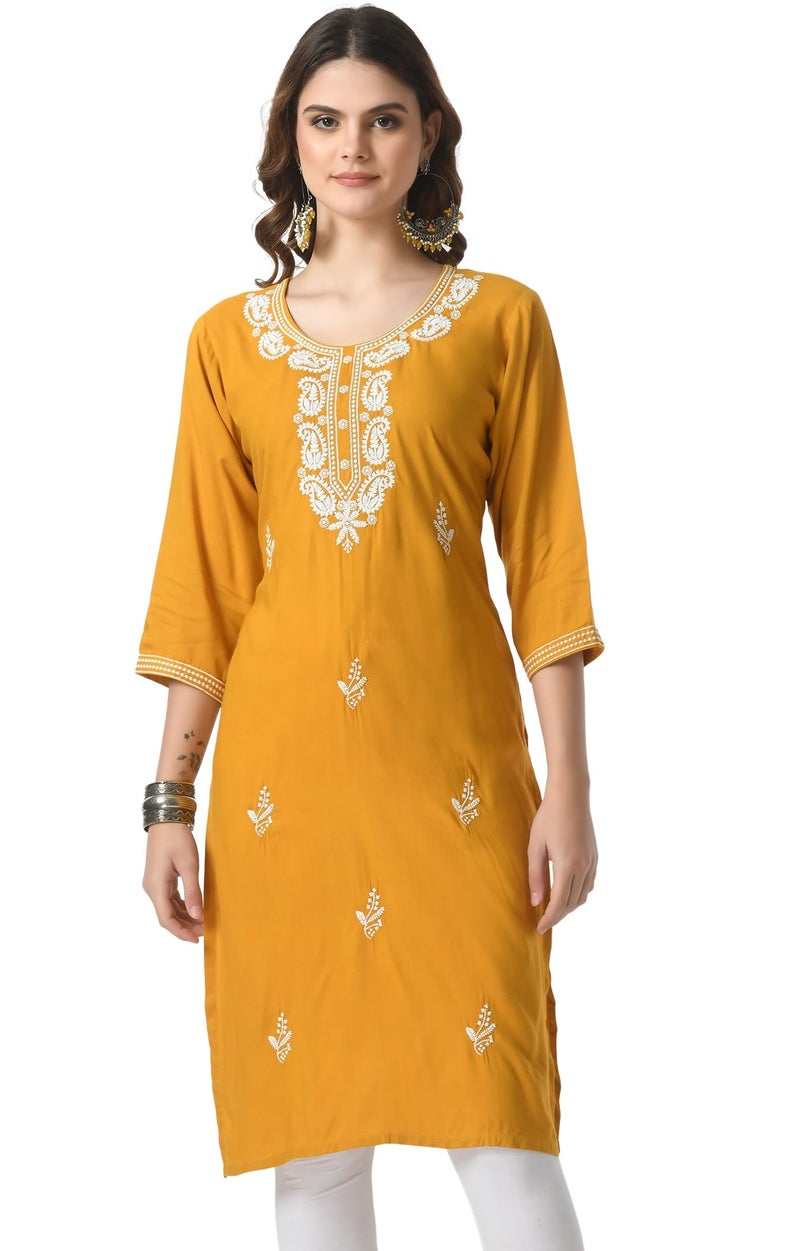 LIBOZA Store LIBOZA Kurta for Women – Lakhnowi Chikankari Embroidered Ladies Kurti, Stylish Girls Top, Ethnic Full Kurtas, Straight Design Kurtis for Woman Mustard Yellow - Image 1