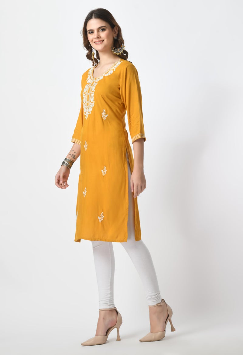 LIBOZA Store LIBOZA Kurta for Women – Lakhnowi Chikankari Embroidered Ladies Kurti, Stylish Girls Top, Ethnic Full Kurtas, Straight Design Kurtis for Woman Mustard Yellow - Image 3