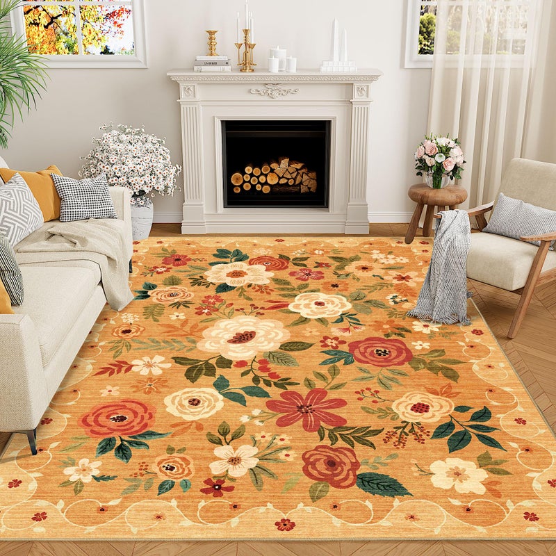 DUKINO 5x7 Area Rug Floral Rugs for Living Room Lightweight Non Slip Washable Rug Indoor Low Pile NonShedding Boho Design Rugs for Bedroom Living Room Dining Room Orange - Image 2
