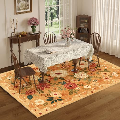 DUKINO 5x7 Area Rug Floral Rugs for Living Room Lightweight Non Slip Washable Rug Indoor Low Pile NonShedding Boho Design Rugs for Bedroom Living Room Dining Room Orange - Image 3