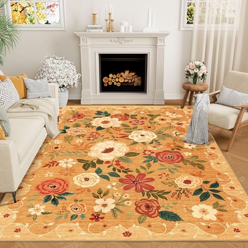 DUKINO 5x7 Area Rug Floral Rugs for Living Room Lightweight Non Slip Washable Rug Indoor Low Pile NonShedding Boho Design Rugs for Bedroom Living Room Dining Room Orange - Image 1