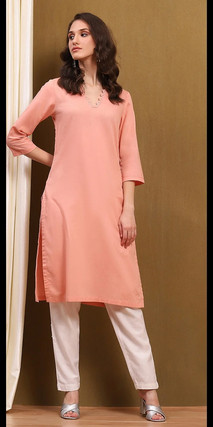 Biba Peach-Coloured Cotton Blend Solid Straight Kurta
